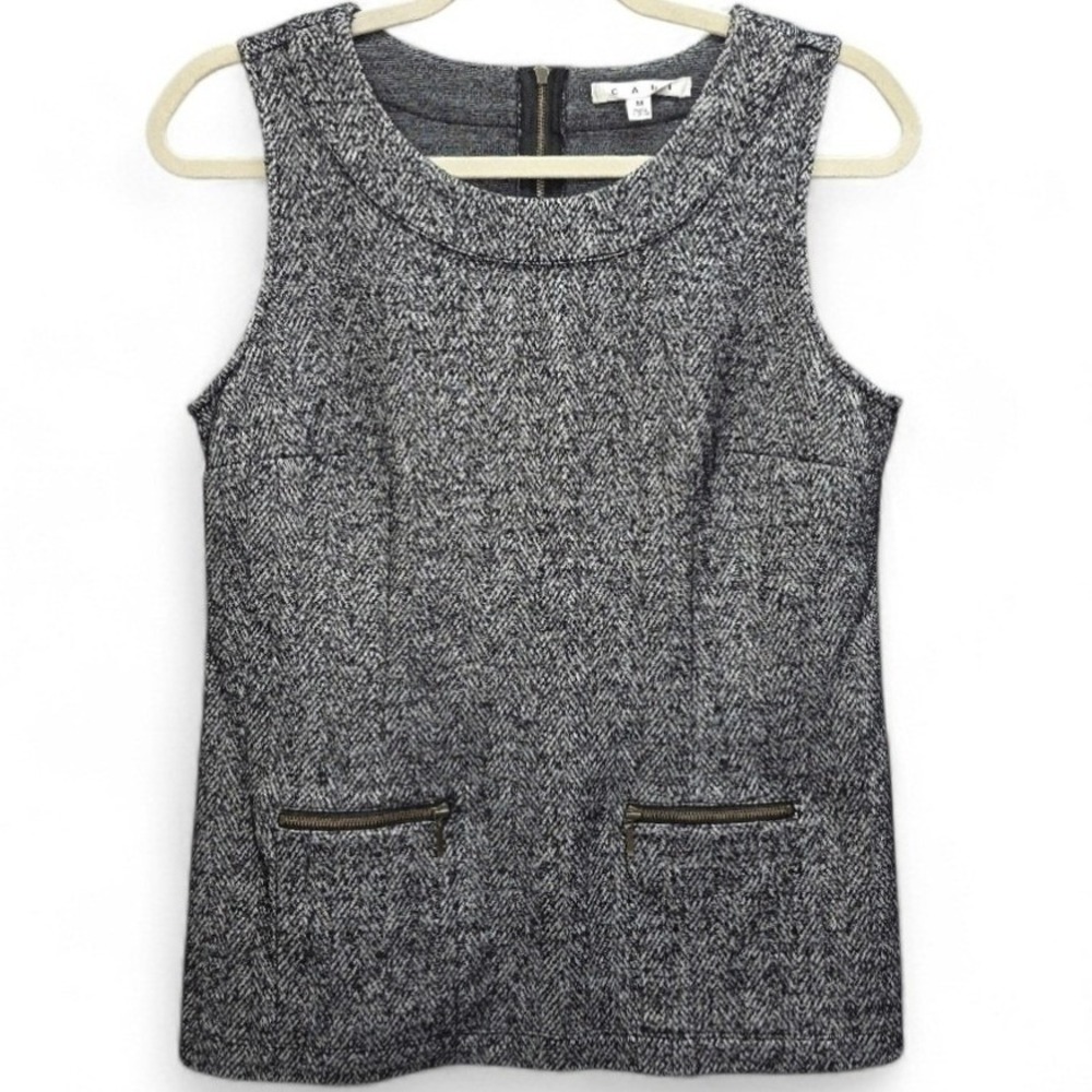 CABI CeCe Herringbone Tweed Sleeveless Shell Top Black‎ White Zip Pockets Medium